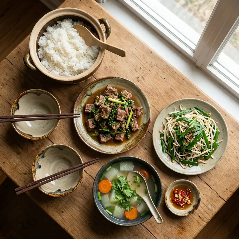 Mâm cơm Bò rim tiêu xanh canh su hào nấu xương