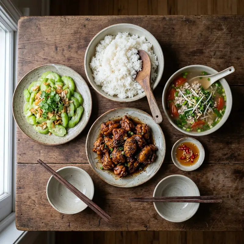 Mâm cơm Gà rim tiêu canh chua thịt bằm