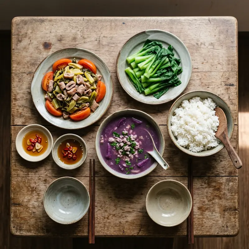 Mâm cơm Lòng xào dưa canh khoai mỡ