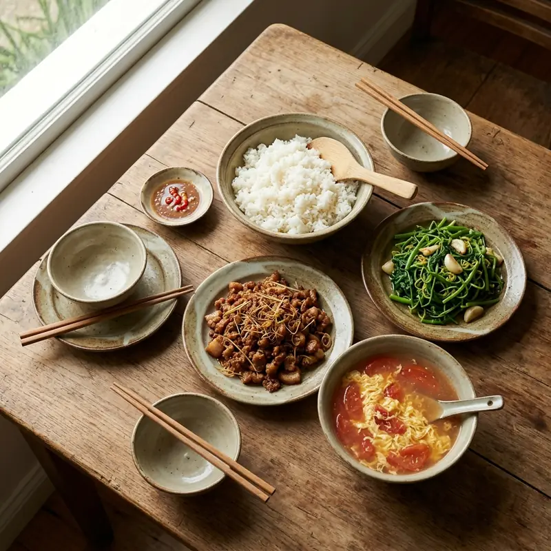 Mâm cơm Thịt rim mắm ruốc canh trứng cà chua