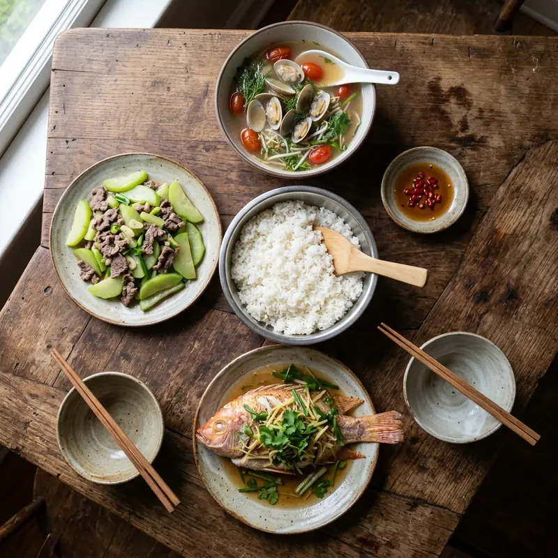 Mâm cơm Cá diêu hồng hấp hành canh nghêu nấu chua