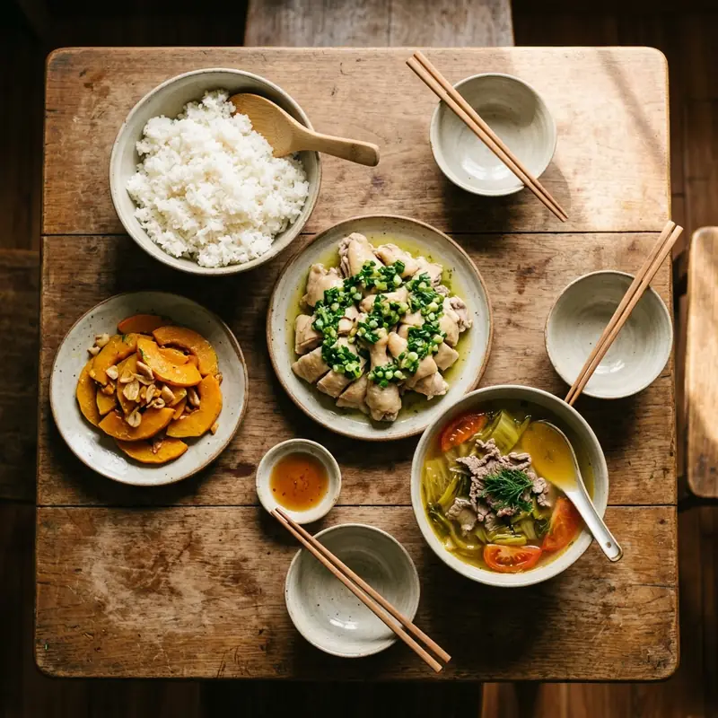 Mâm cơm Gà hấp hành canh dưa chua thịt bò