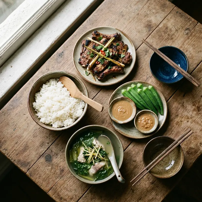 Mâm cơm Sườn nướng sả canh cải xanh nấu cá