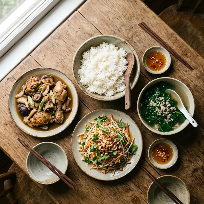 Mâm cơm Gà om nấm canh cải bó xôi thịt băm