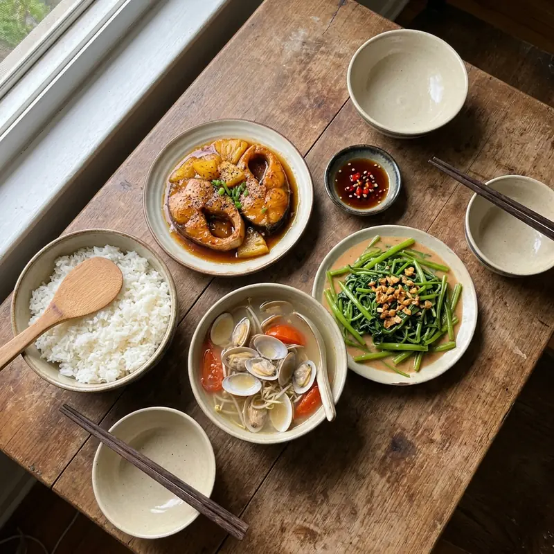 Mâm cơm Cá basa kho thơm canh nghêu nấu chua