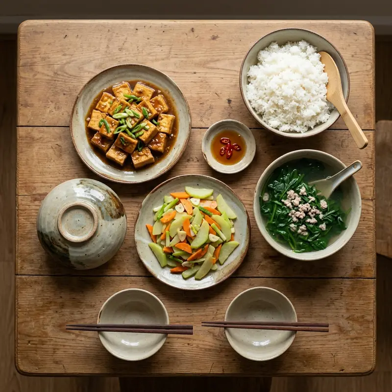 Mâm cơm Đậu phụ kho tương canh cải bó xôi thịt băm