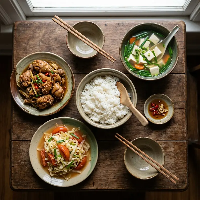 Mâm cơm Gà kho sả ớt canh đậu hũ hẹ (chay)
