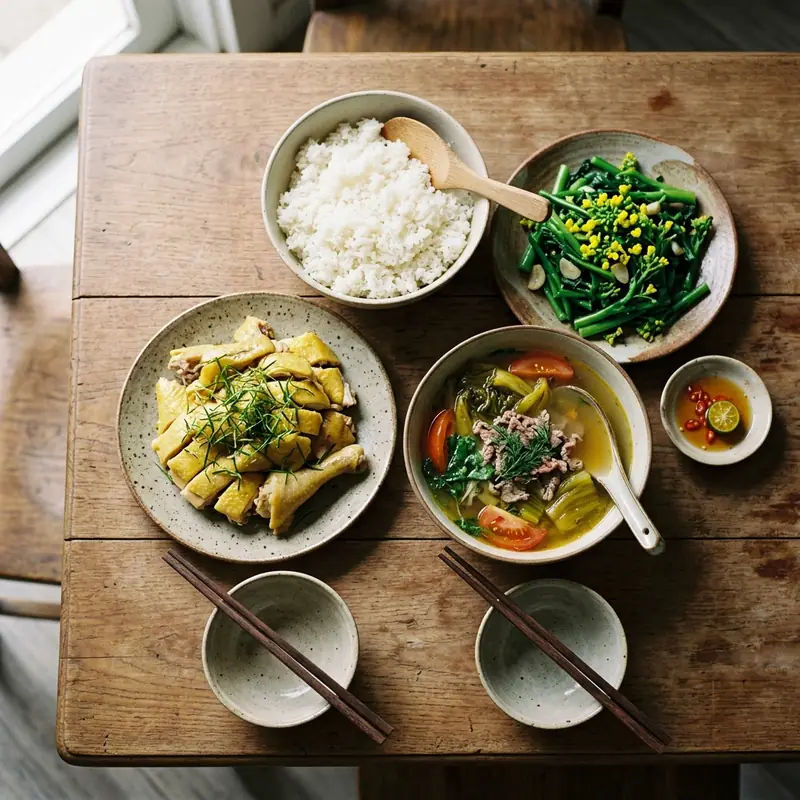 Mâm cơm Gà luộc lá chanh canh dưa chua thịt bò