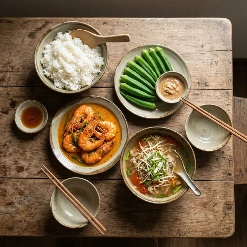 Mâm cơm Tôm kho tàu canh chua thịt bằm
