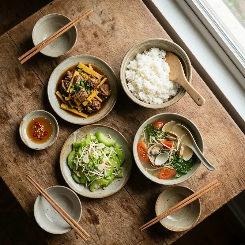 Mâm cơm Vịt kho măng canh nghêu nấu chua