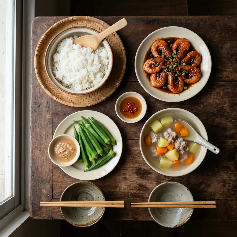 Mâm cơm Tôm rang me canh khoai tây cà rốt