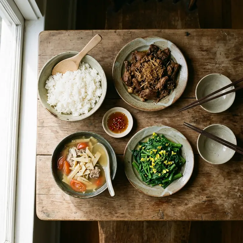 Mâm cơm Vịt rang riềng canh măng chua