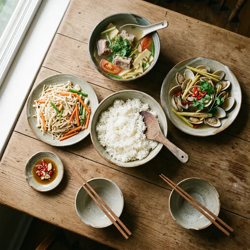 Mâm cơm Nghêu hấp sả canh măng chua