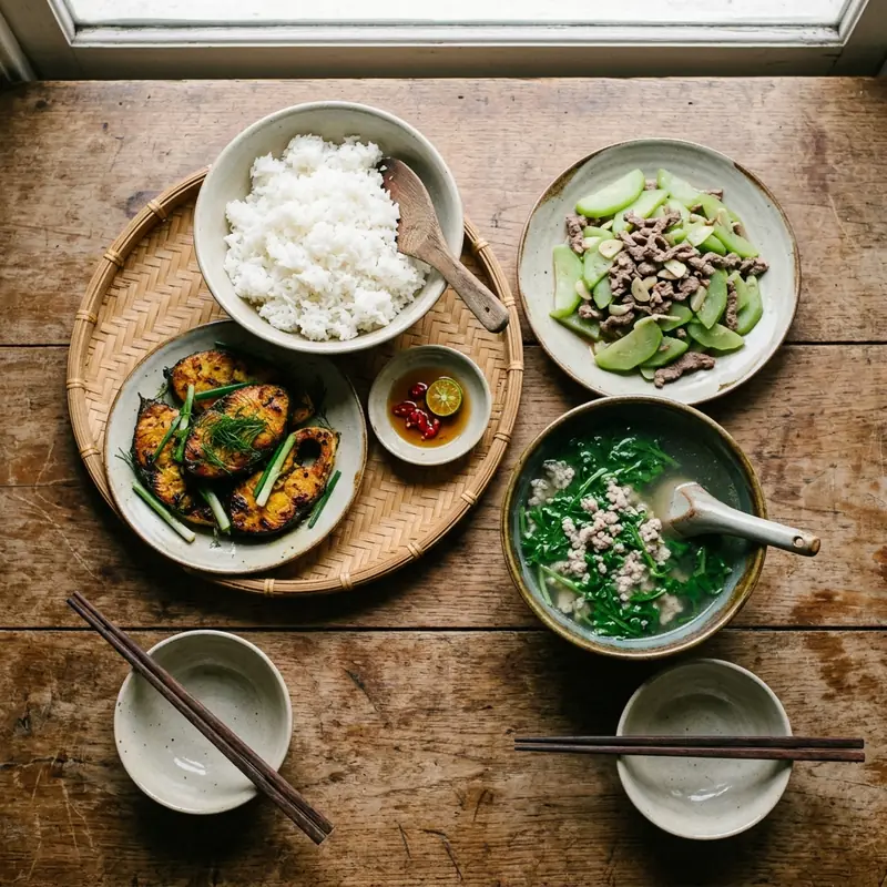 Mâm cơm Cá nướng riềng mẻ canh cải cúc thịt băm
