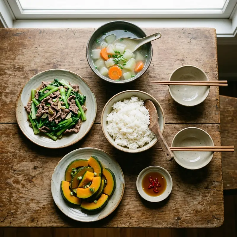 Mâm cơm Bò xào rau cải canh su hào nấu xương