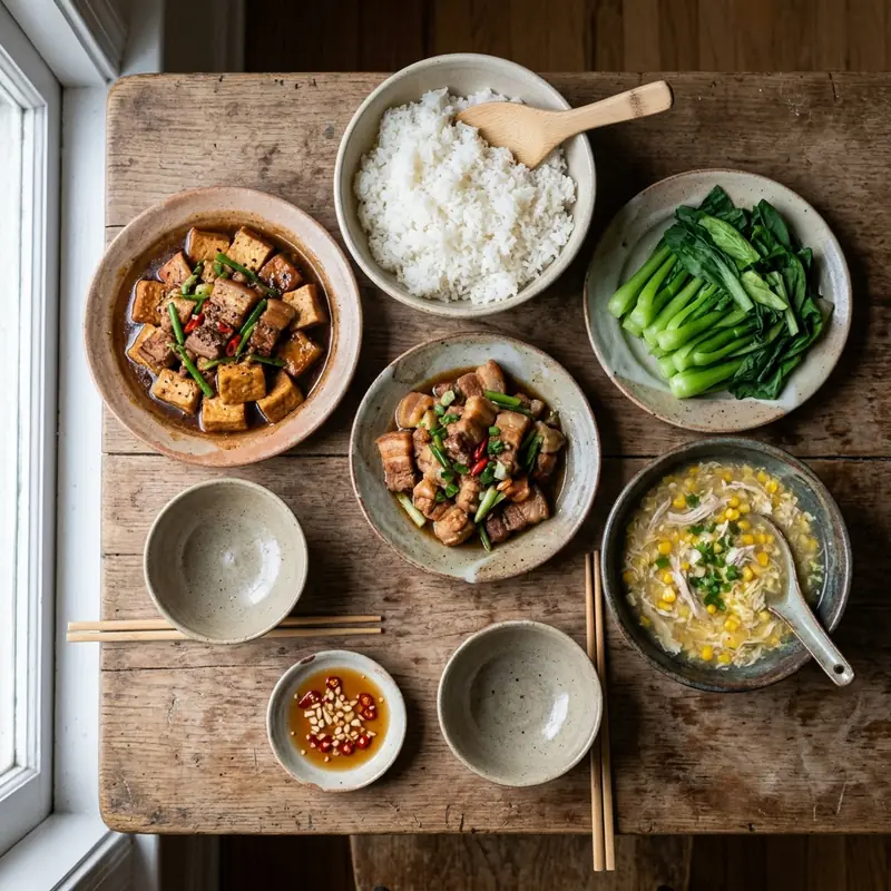 Mâm cơm Đậu phụ kho thịt súp gà ngô