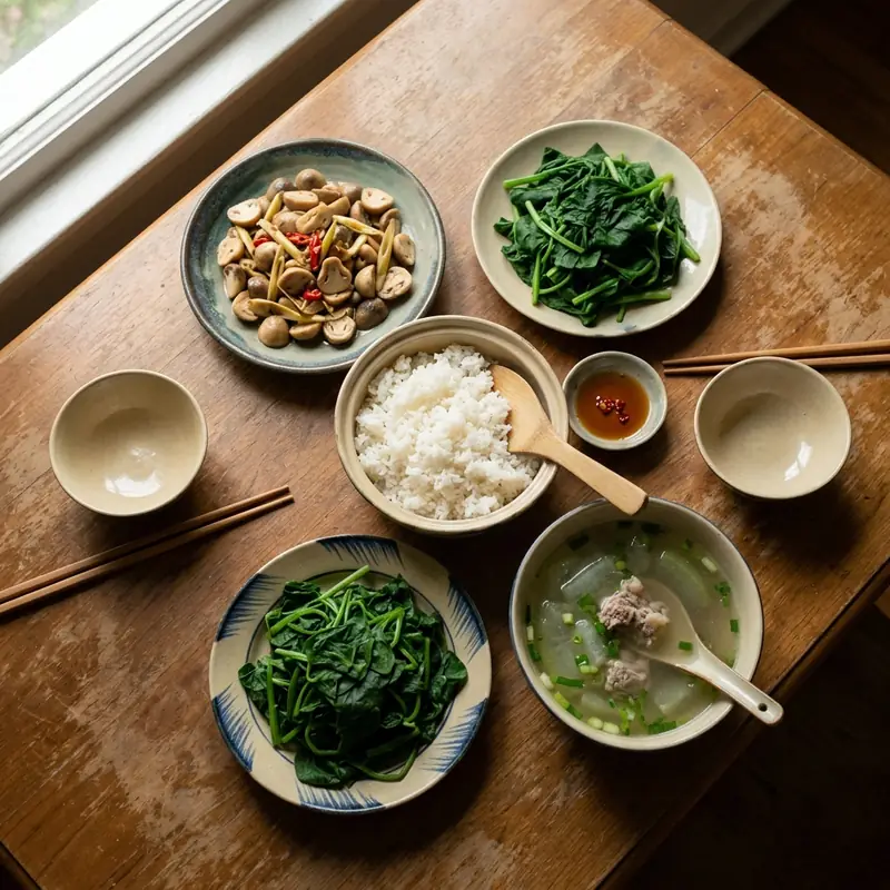 Mâm cơm Nấm rơm xào sả ớt canh bí xanh nấu xương