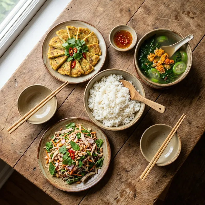 Mâm cơm Chả đậu xanh chiên canh cua rau đay