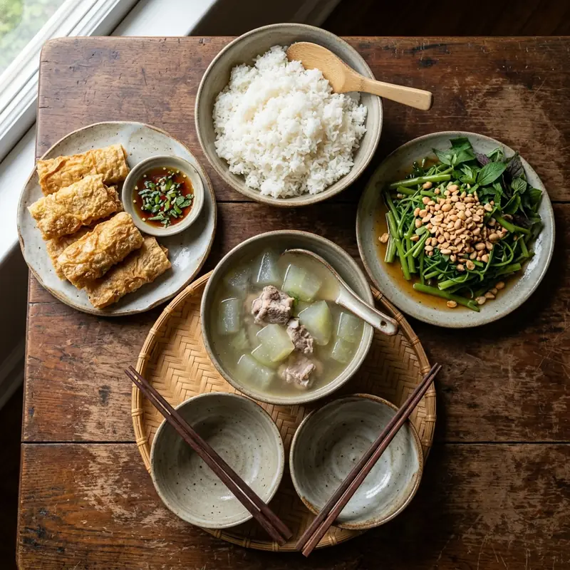 Mâm cơm Tàu hũ ky chiên giòn canh bí xanh nấu xương