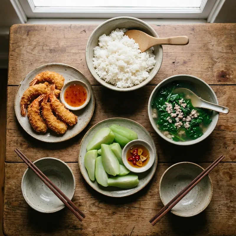 Mâm cơm Tôm chiên xù canh cải bó xôi thịt băm