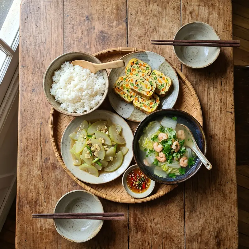 Mâm cơm Trứng cuộn rau củ canh cải thảo nấu tôm