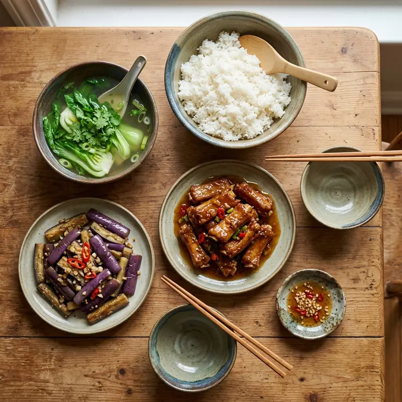 Mâm cơm Sườn chay rim mặn ngọt canh cải thìa
