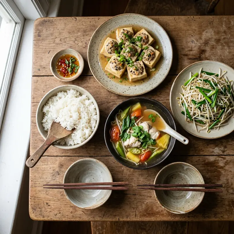 Mâm cơm Đậu phụ nhồi nấm hấp canh chua cá