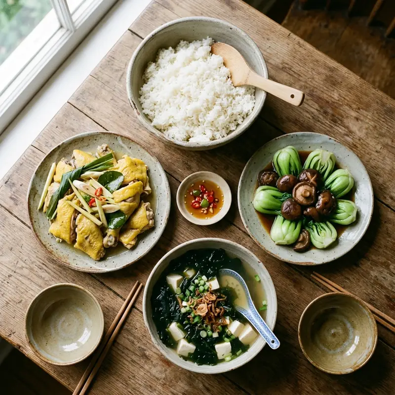 Mâm cơm Gà hấp muối sả canh rong biển đậu hũ