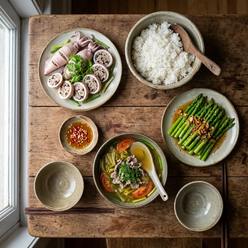 Mâm cơm Mực nhồi thịt hấp canh dưa chua thịt bò