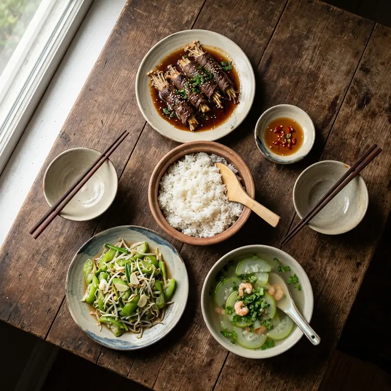 Mâm cơm Bò cuốn nấm kim châm canh bầu nấu tôm
