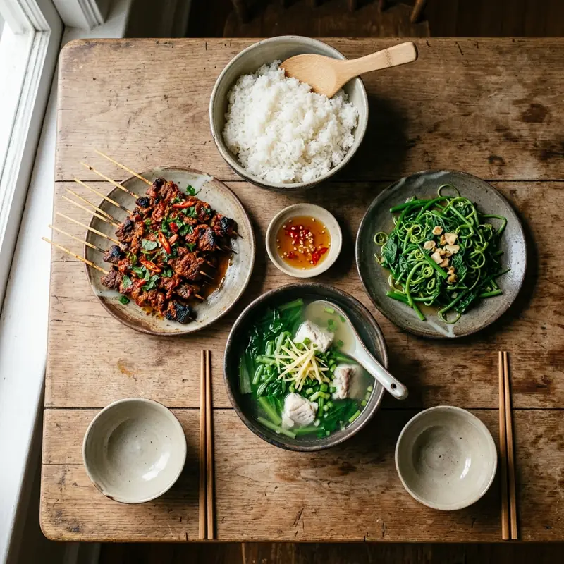 Mâm cơm Bò nướng sa tế canh cải xanh nấu cá