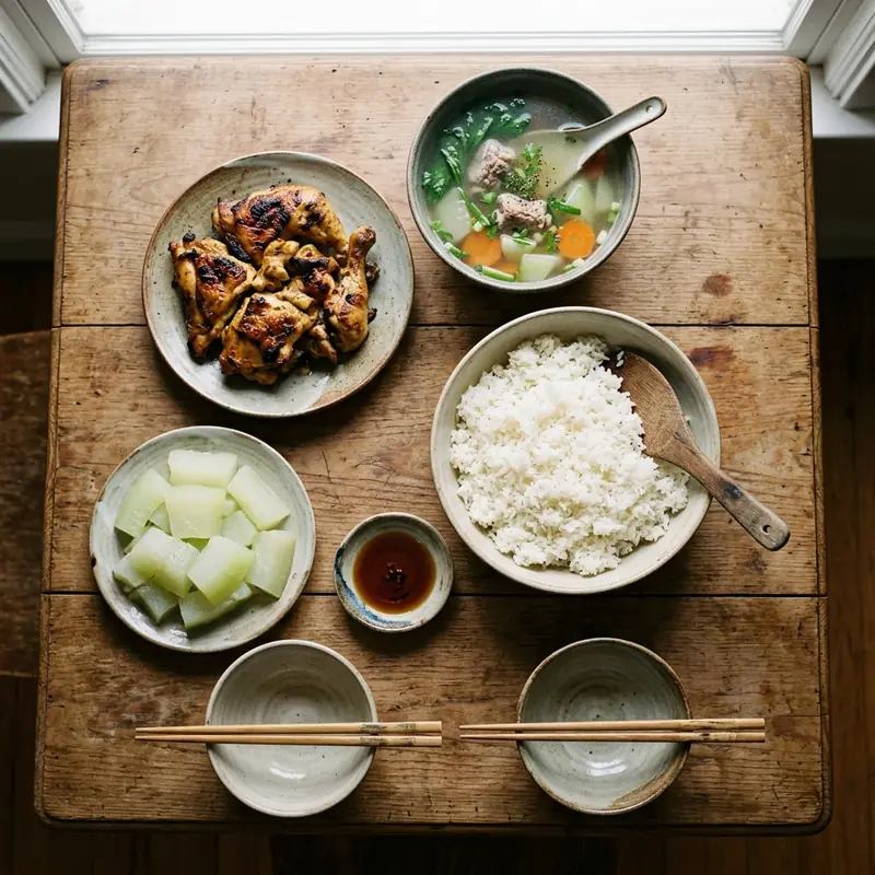 Mâm cơm Gà nướng riềng mẻ canh su hào nấu xương