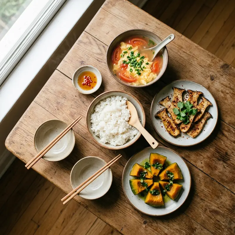 Mâm cơm Nấm đùi gà nướng muối ớt canh trứng cà chua