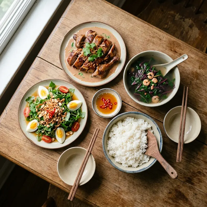 Mâm cơm Vịt nướng chao canh rau dền