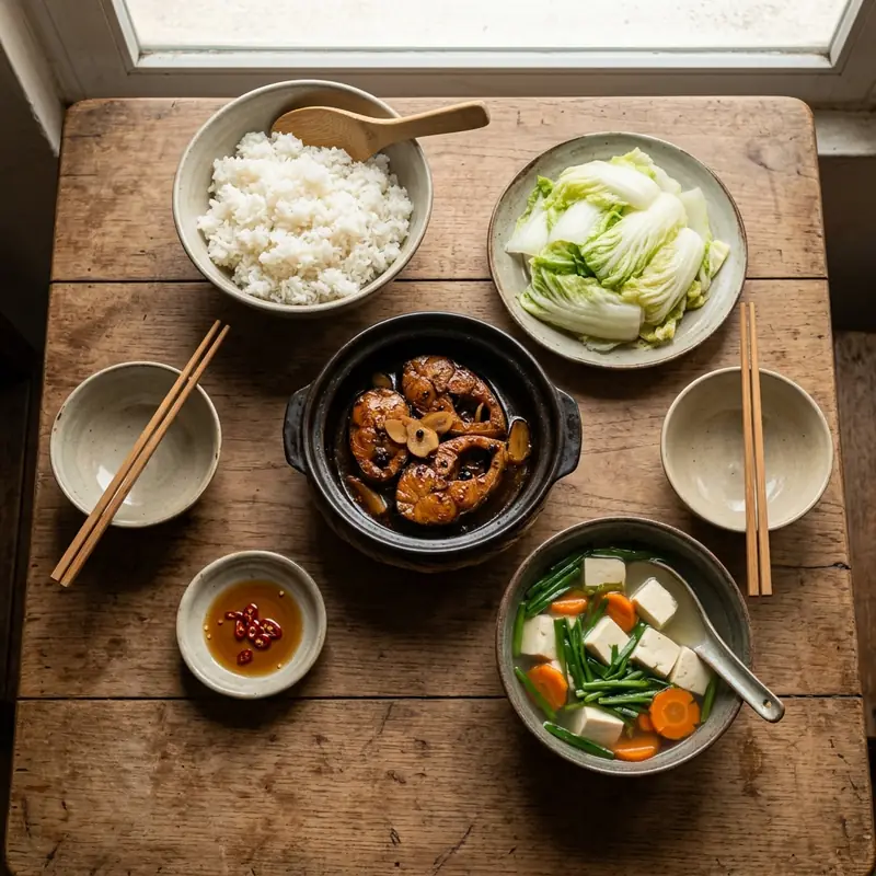 Mâm cơm Cá thu kho riềng canh đậu hũ hẹ (chay)