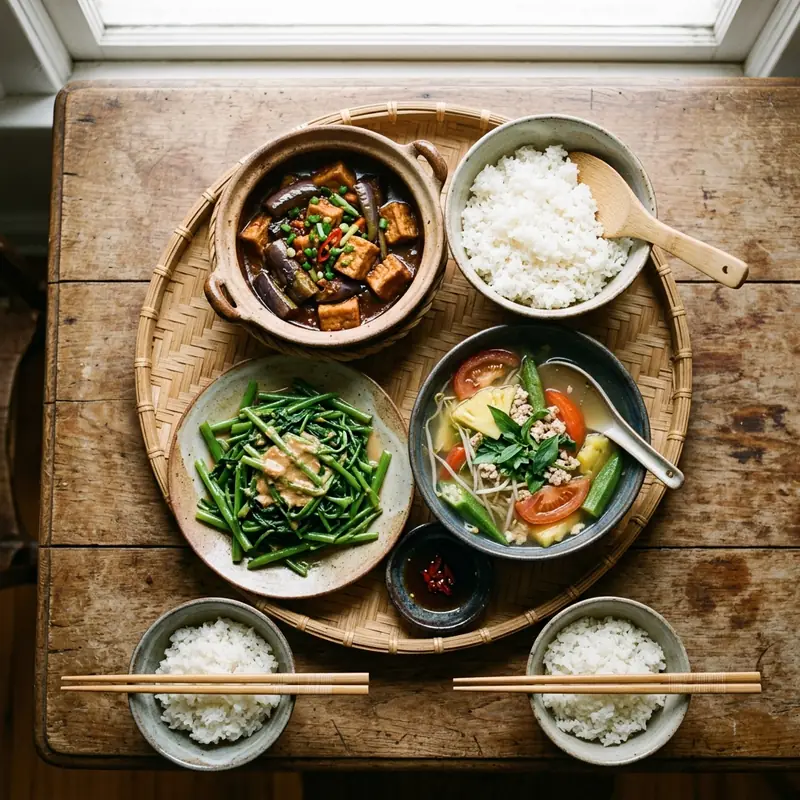 Mâm cơm Cà tím kho tộ chay canh chua thịt bằm