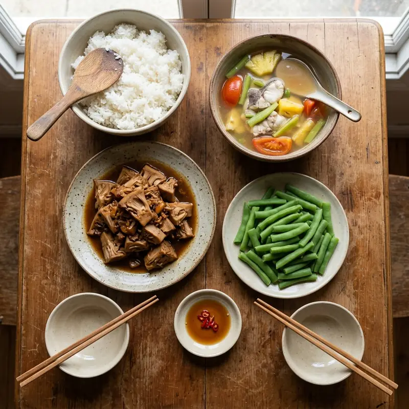 Mâm cơm Mít non kho canh cá nấu ngót