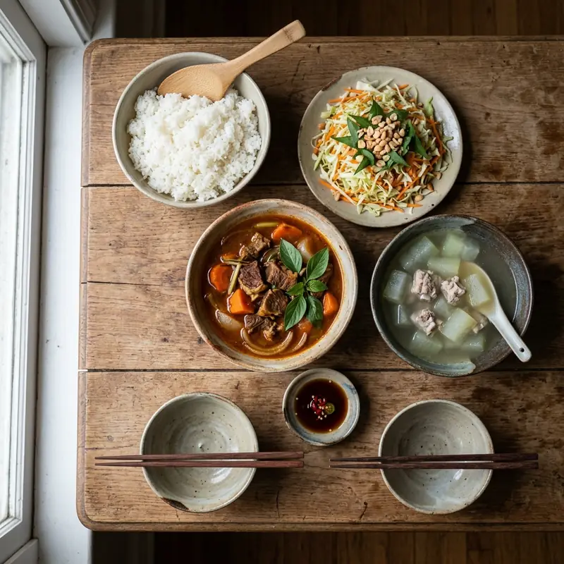 Mâm cơm Bò kho canh bí xanh nấu xương