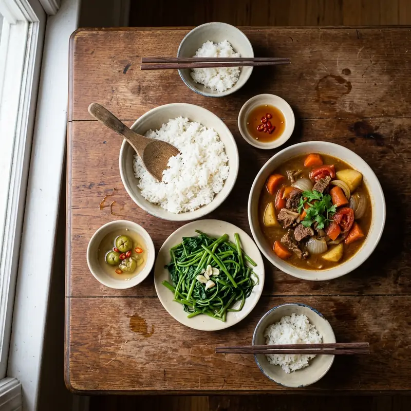 Mâm cơm Bò hầm khoai tây cà rốt rau muống luộc dầm sấu