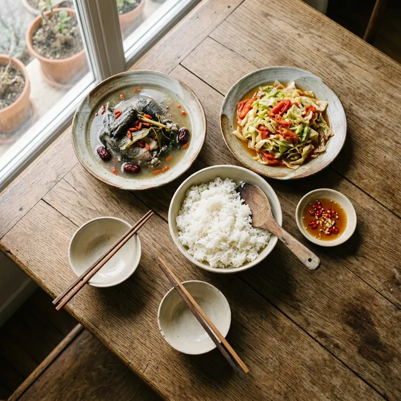 Mâm cơm Gà hầm thuốc bắc bắp cải xào cà chua