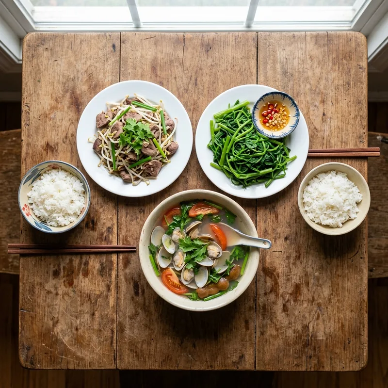 Mâm cơm Tim heo giá đỗ canh nghêu chua