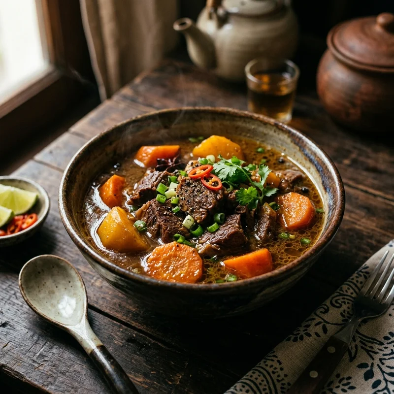 Mâm cơm Bò hầm khoai tây cà rốt rau muống luộc dầm sấu