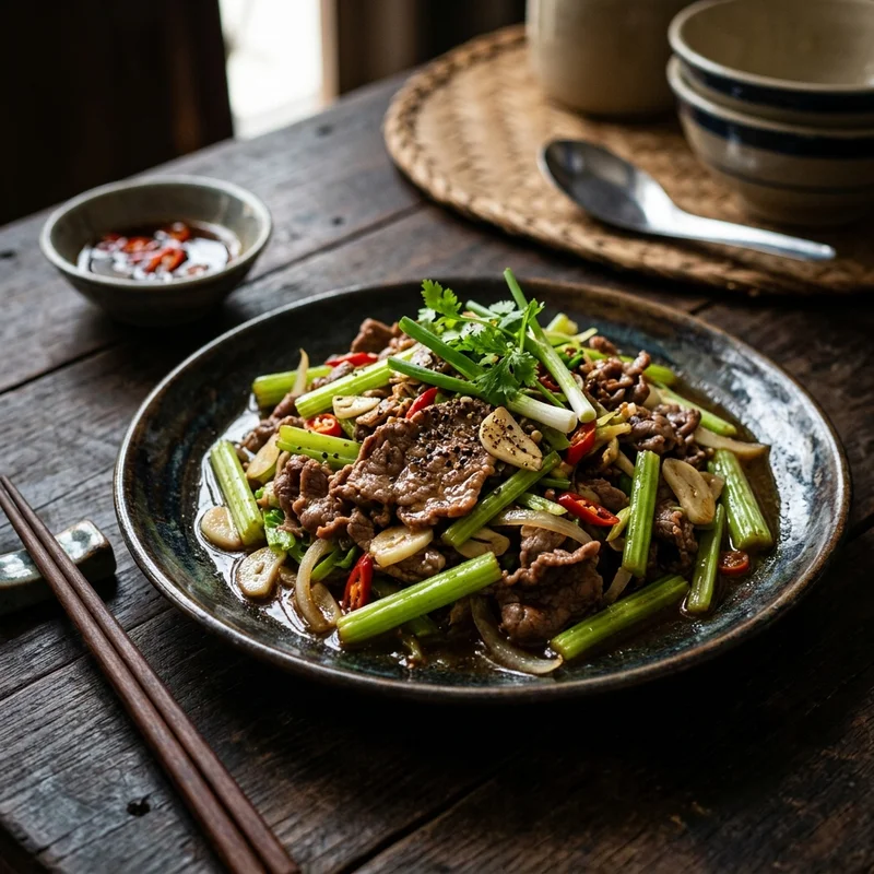 Mâm cơm Bò xào cần tỏi canh bí xanh nấu xương