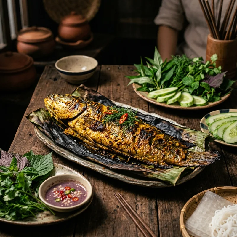 Mâm cơm Cá nướng riềng mẻ canh cải cúc thịt băm