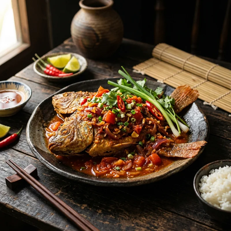 Mâm cơm Cá sốt cà chua canh mướp nấu hến