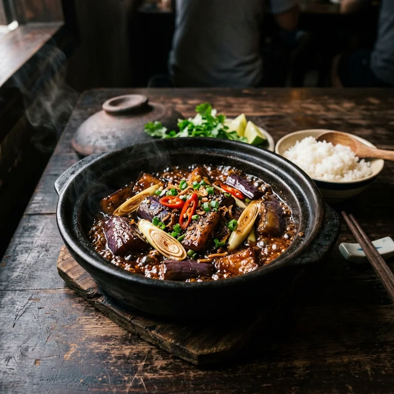 Mâm cơm Cà tím kho tộ chay canh chua thịt bằm