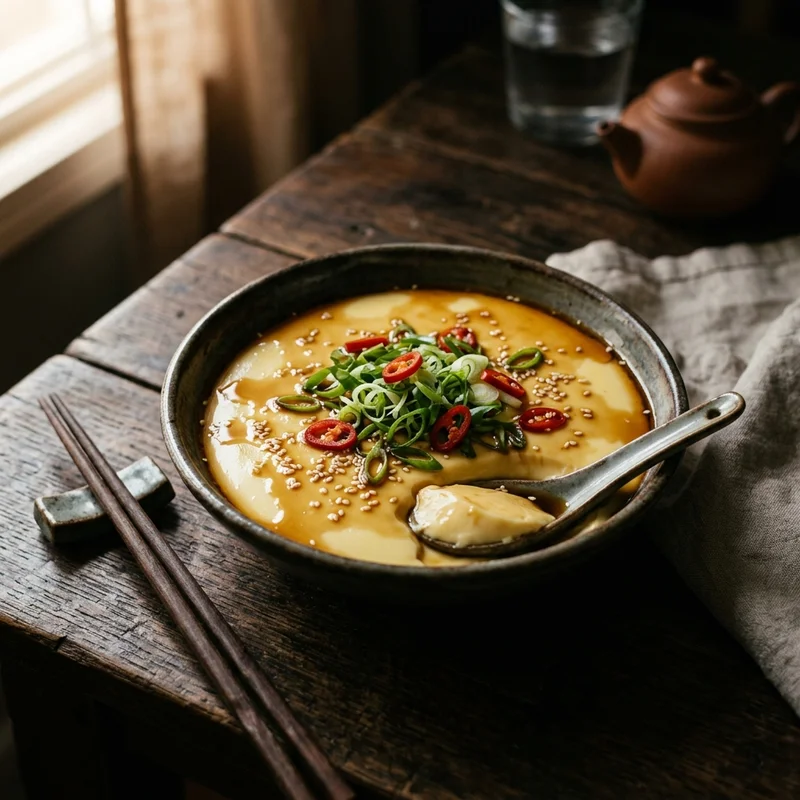 Mâm cơm Đậu hũ hấp trứng canh chua thịt bằm