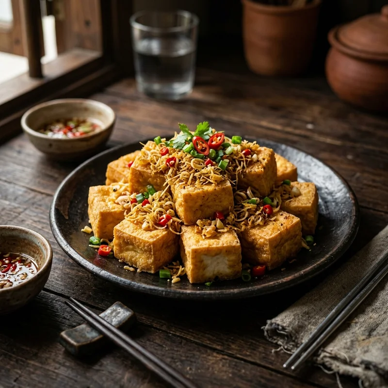 Mâm cơm Đậu phụ chiên sả ớt súp gà ngô