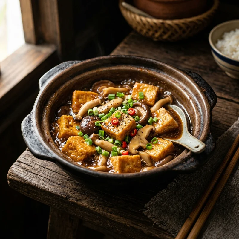 Mâm cơm Đậu phụ kho nấm canh cải cúc thịt băm