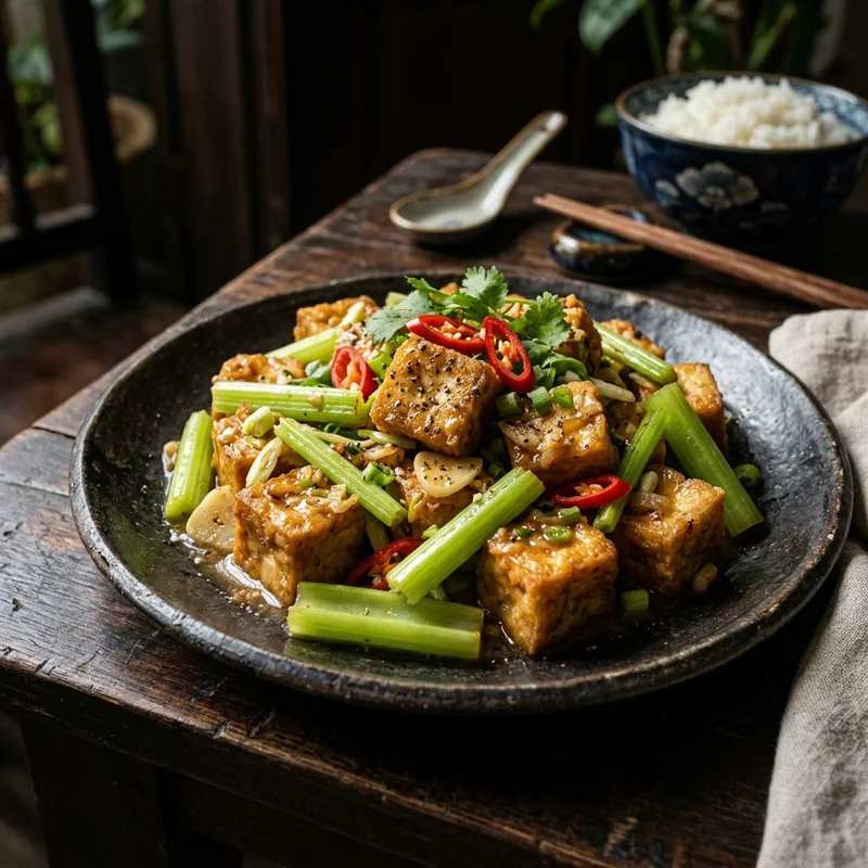Mâm cơm Đậu phụ xào cần tỏi canh dưa chua thịt bò